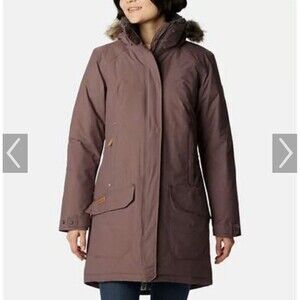 $350 Columbia Icelandite Turbodown Parka Coat SZ M Insulated Hooded Long Mauve